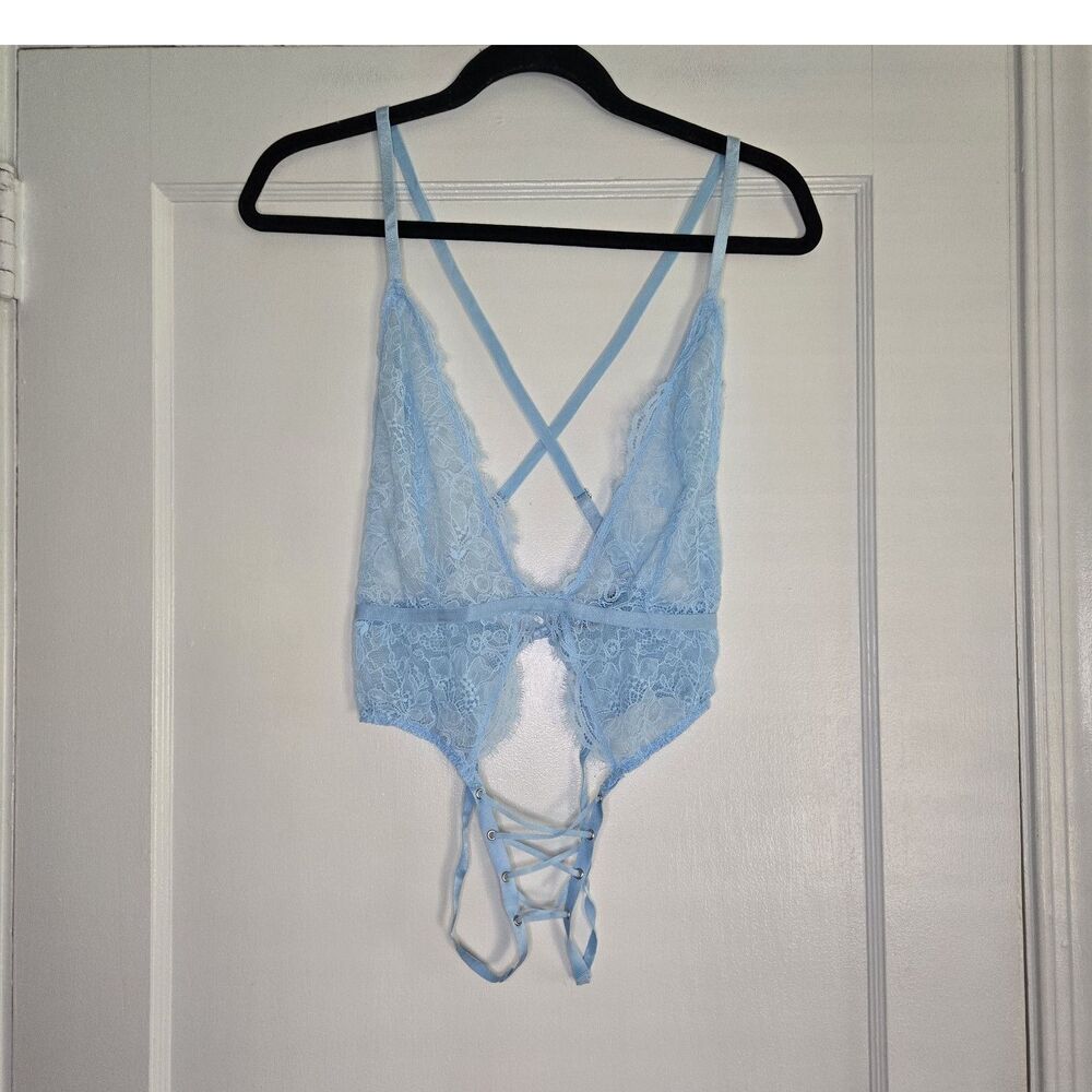 Victoria’s Secret Blue Lace Strappy Bodysuit Womens Wireless One Piece
